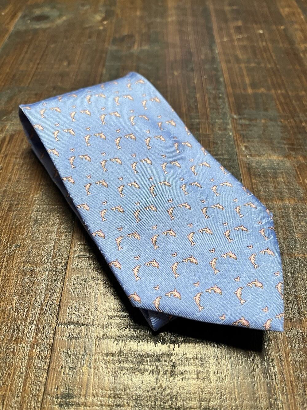 Salvatore Ferragamo Mens Silk Tie Light Blue Dolphin Nautical Print Italy
